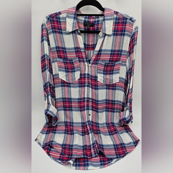 Tinsel Tops - Tinsel Women’s Large Pink Blue Plaid Long Sleeve Button Down Shirt 100% Rayon